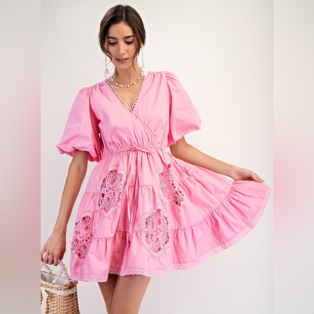 #99 Easel Pink Lace Eyelet Puff-Sleeve Wrap Mini Dress